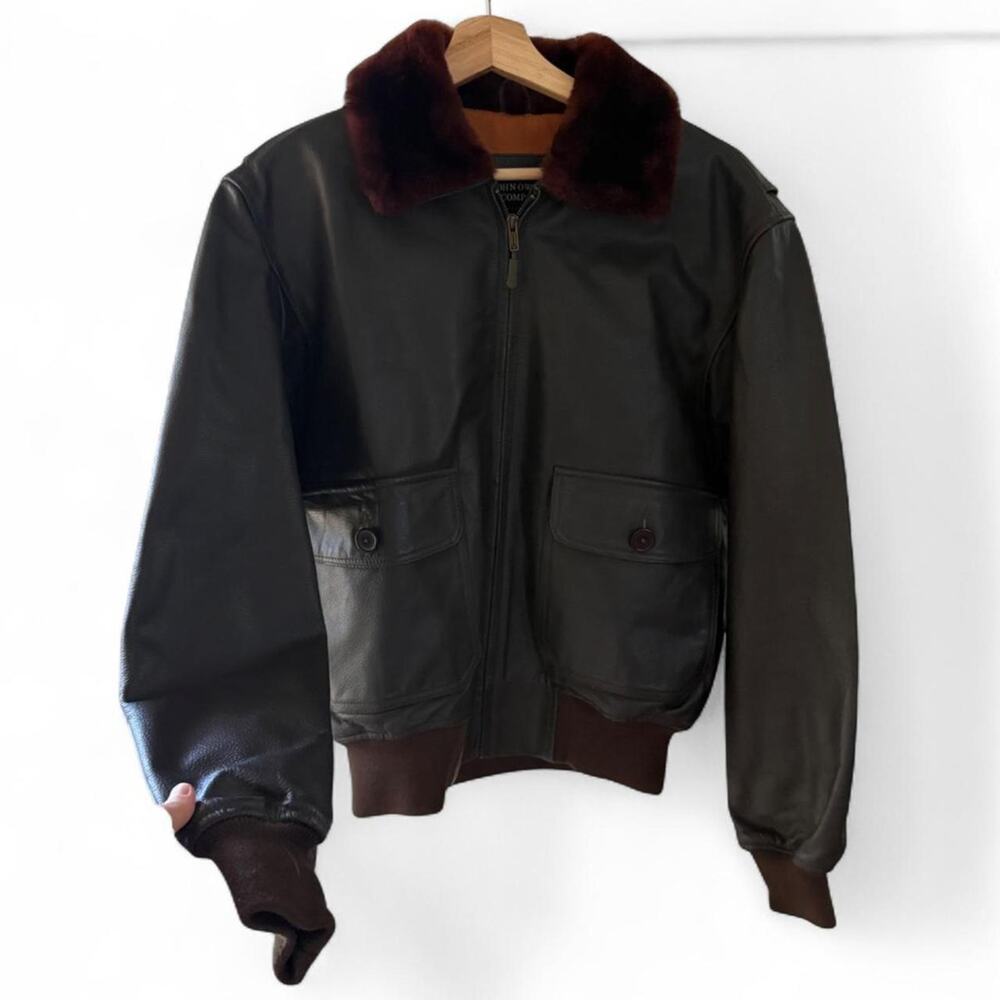 Vintage John Ownbey Leather Flight Jacket US Navy Brown 40 G-1 Faux Fur Collar